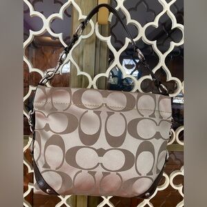 (EUC) COACH CARLY SIGNATURE KHAKI/BROWN CANVAS DARK BROWN TRIM NICKEL/DUST BAG